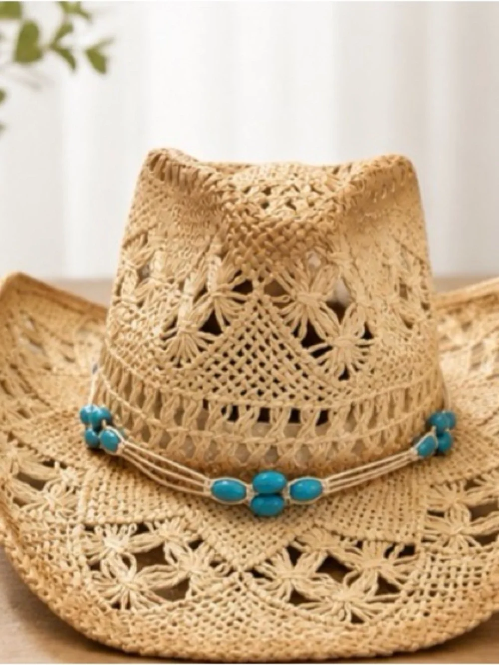 Natural Crochet Straw Cowboy Hat with Turquoise Bead Band